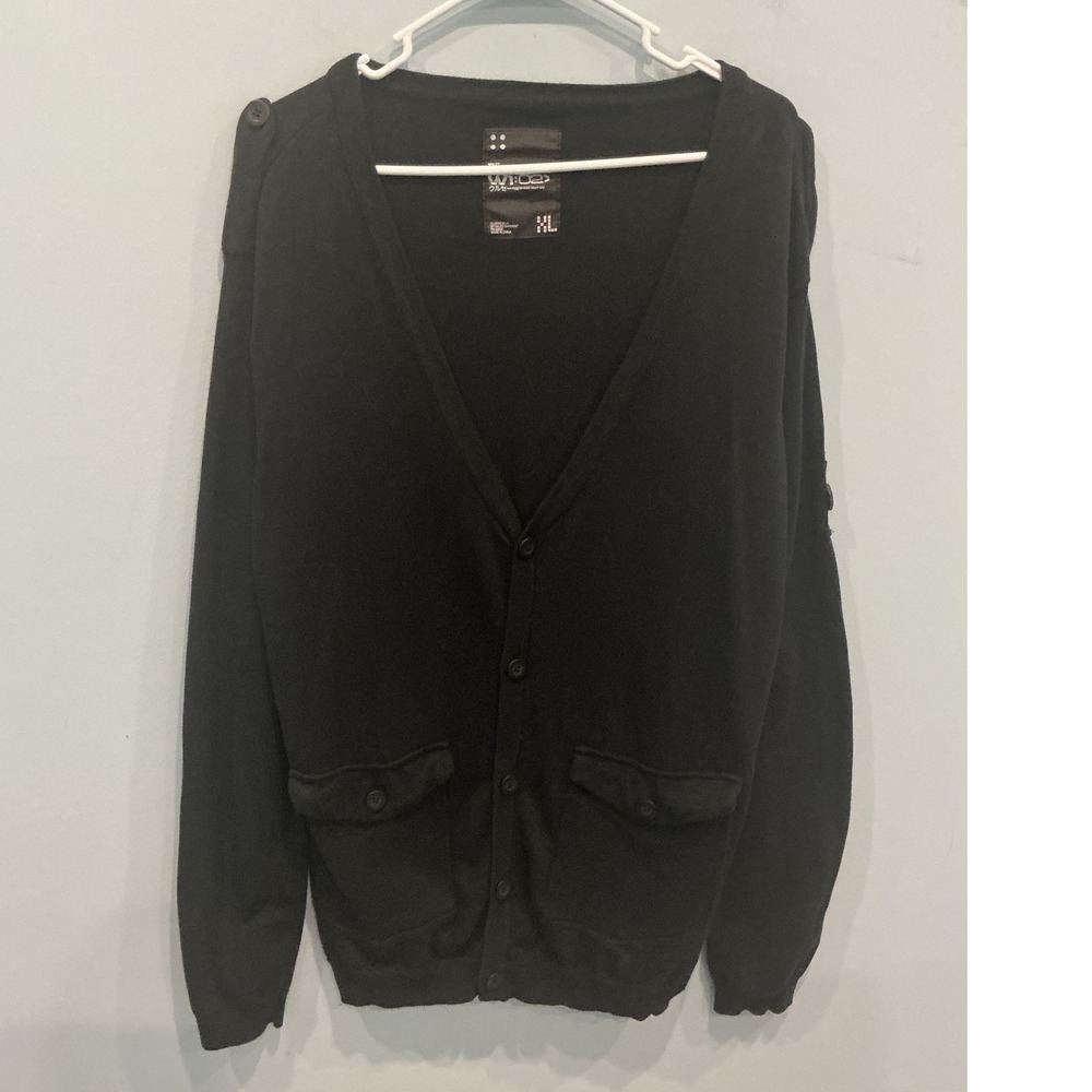 WT02 Mens Cotton Cardigan Sweater XL Black Epaulets Button Front Pocket Utility